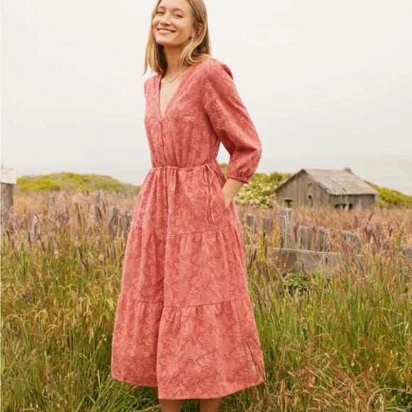 Marine Layer Eyelet Willow Midi dress Mineral Red Coral Pink Sz M - Picture 1 of 13